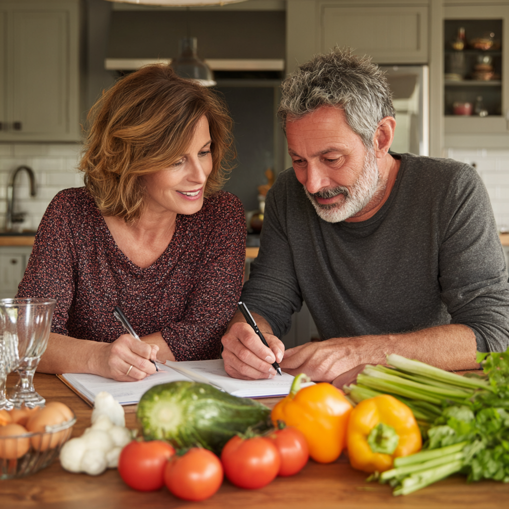 Middle-aged couple planning meals together at kitchen table with fresh vegetables